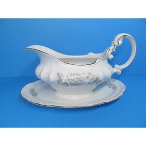 Hertel Jacob Damask Gravy Sauce Boat w/ Attached Underplate White w/Gold Trim
